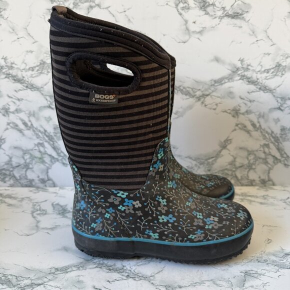 Bogs Youth 3 Classic Winter Boot Mid Calf Gray Blue Waterproof Pull On Snow Shoe - Picture 1 of 7